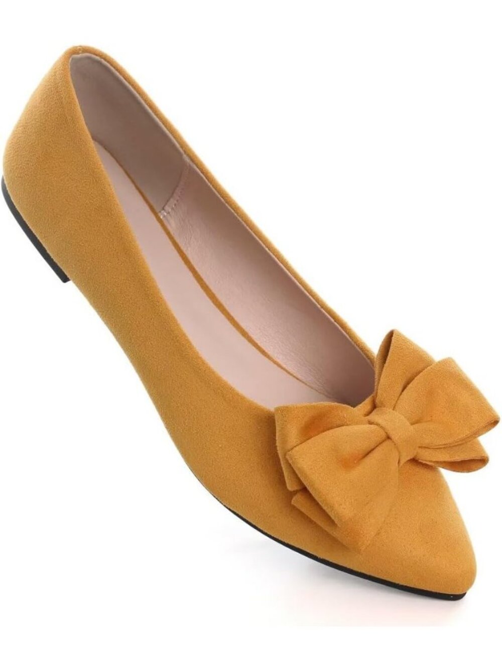 Women's H Yellow Suede Fashion Bowknot Flats Comfort Pointed Toe Dressy Shoes - Picture 6 of 7